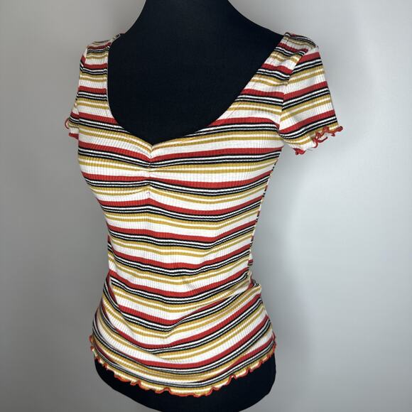 Y2k Striped Ribbed Baby Tee Lettuce Hem Short Sleeve Top Size M Sweetheart Retro - Picture 1 of 10